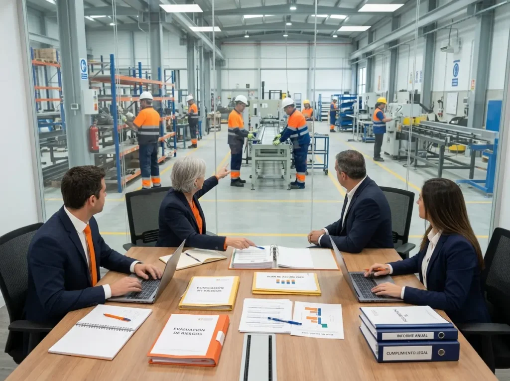 Consultores especializados realizando auditorías en prevención de riesgos laborales en Bilbao en una planta industrial